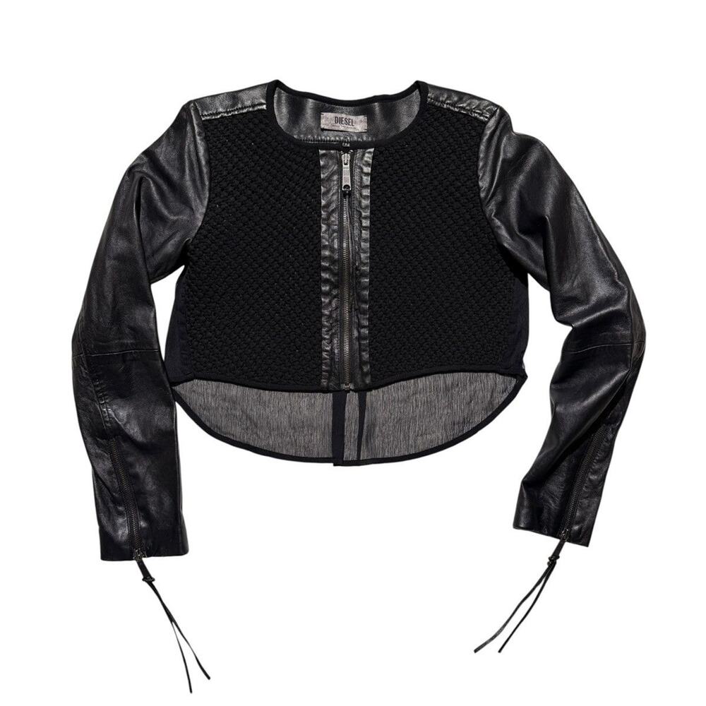 Sheer back woven leather sleeve jacket